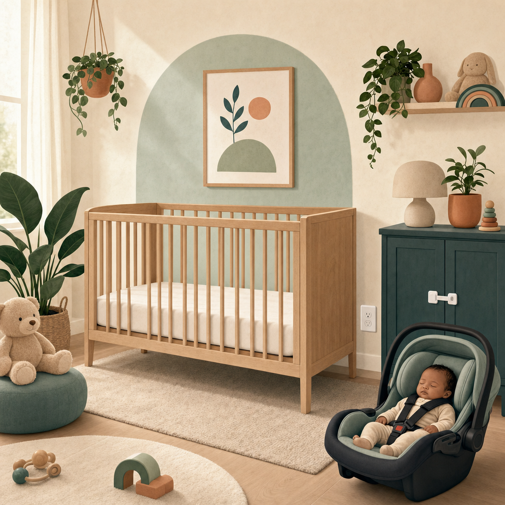 Calm nursery with a safe crib, covered outlet, cabinet latch, and car seat.